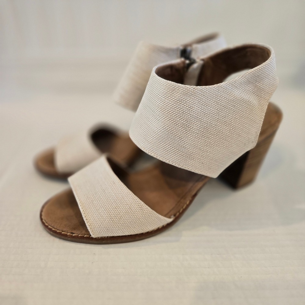 TOMS Majorca City Sandal Dress Wide Strap Chunky Wood Heel Side Zip Sz 9.5